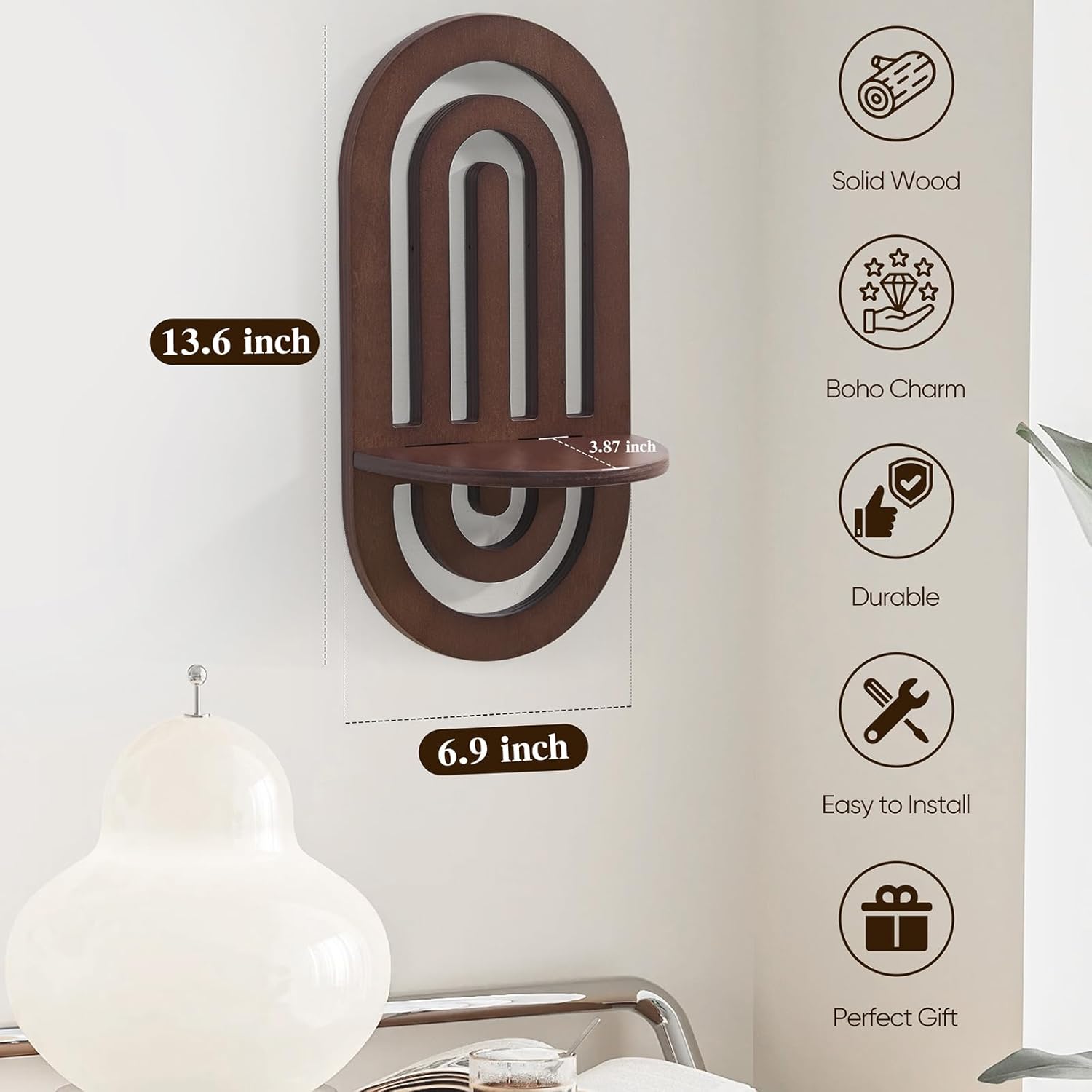 Boho Decor Wall Floating Shelves with Arched Design Set of 2 Dark Brown