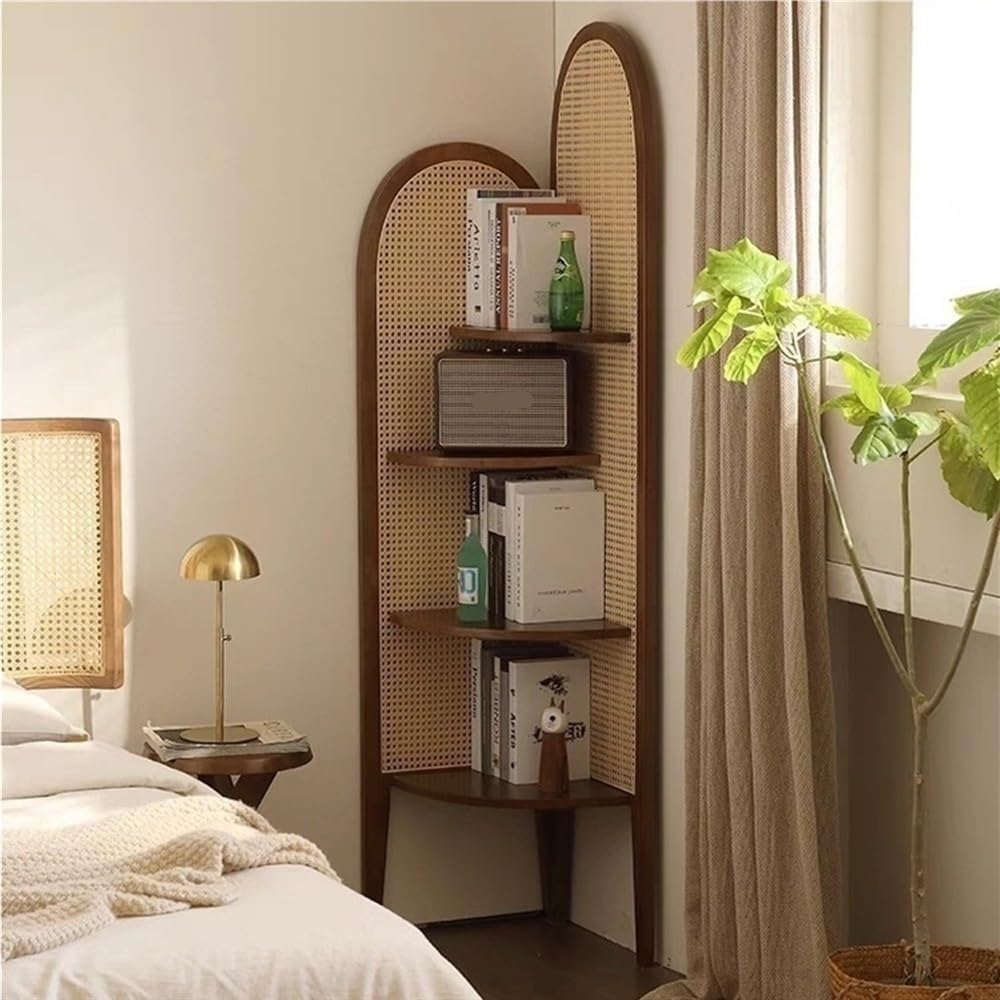 4-Tier Rattan Bookshelf with Solid Wood Frame 1
