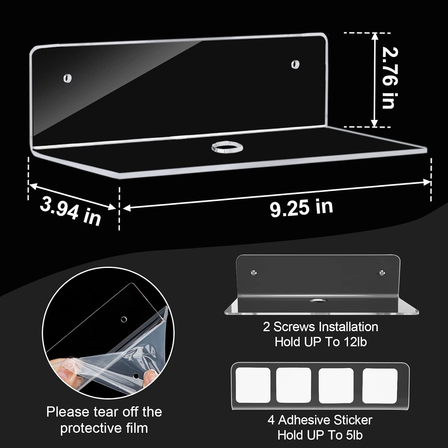 Clear Acrylic Floating Shelves 9 Inch Set of 4 No Drill Wall Mount