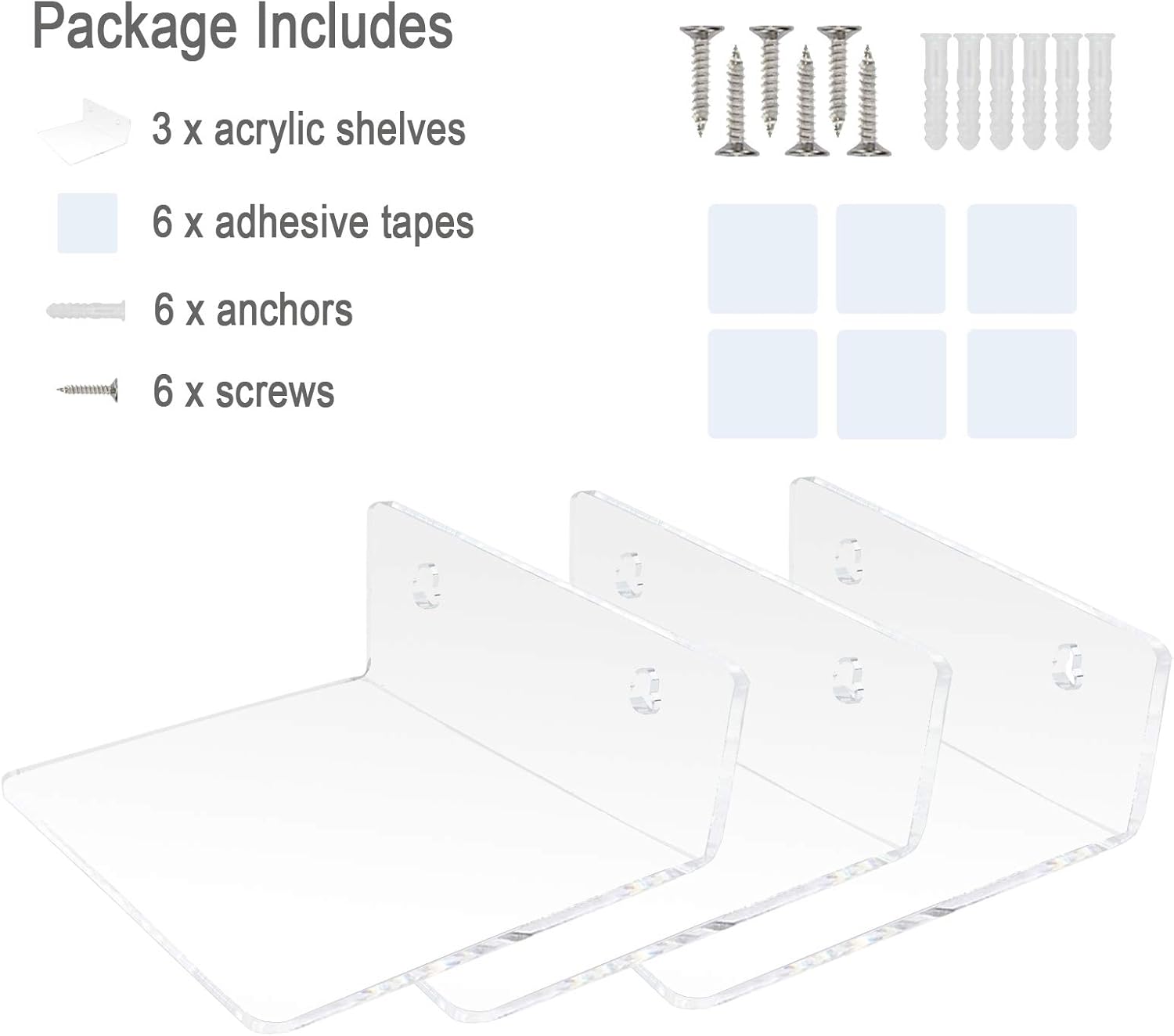 Bigfety Acrylic Floating Shelves 3-Ledges Clear Mini Display Shelf