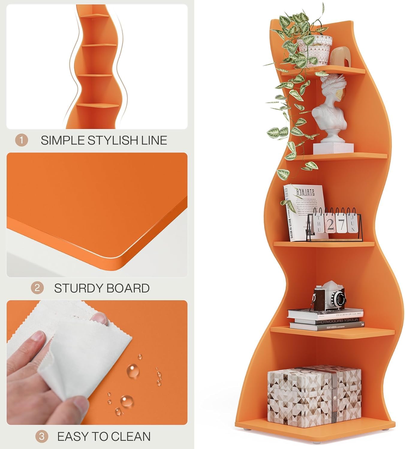 5-Tier Corner Bookshelf Modern Wave Shape Display Unit Orange