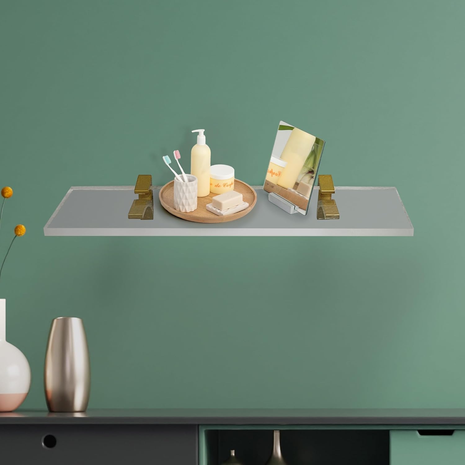 Clear Acrylic Shelf 6x18 Inches Floating Wall Mount with Brass Brackets