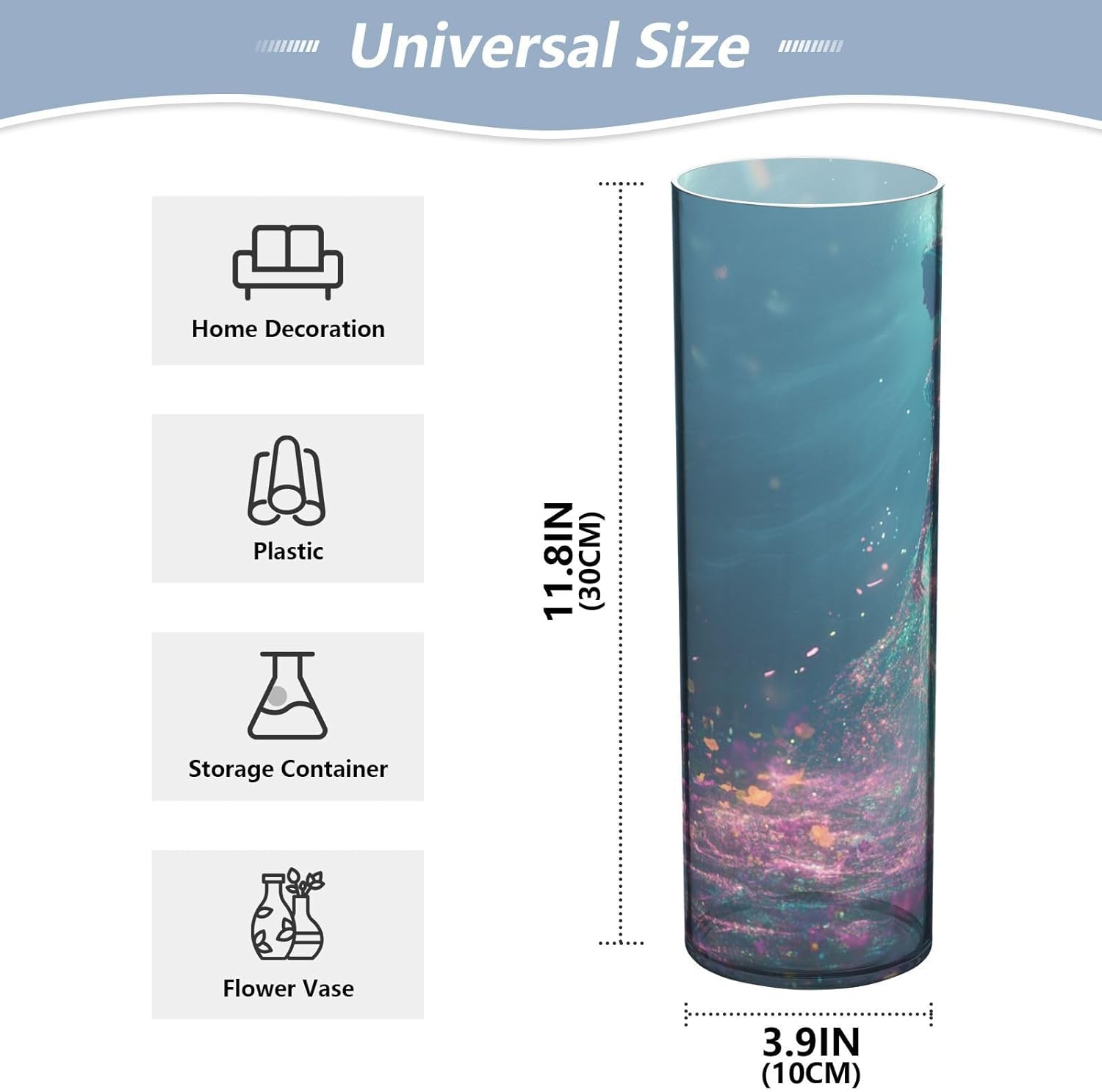 Green Mermaid Plastic Cylinder Vase for Flowers 118 x 39 Inch Decorative Aesthetic Entryway Candle Holder