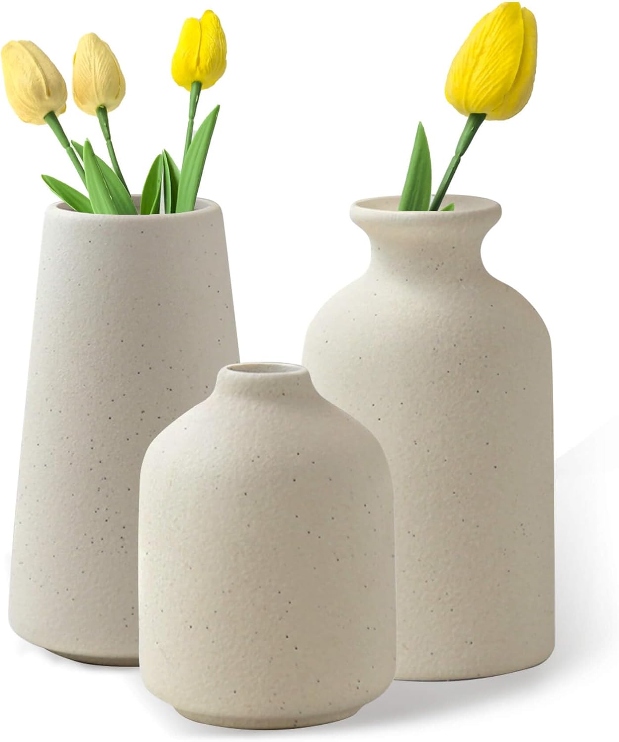 Set of 3 Beige Ceramic Vases for Pampas Grass and Dried Flowers