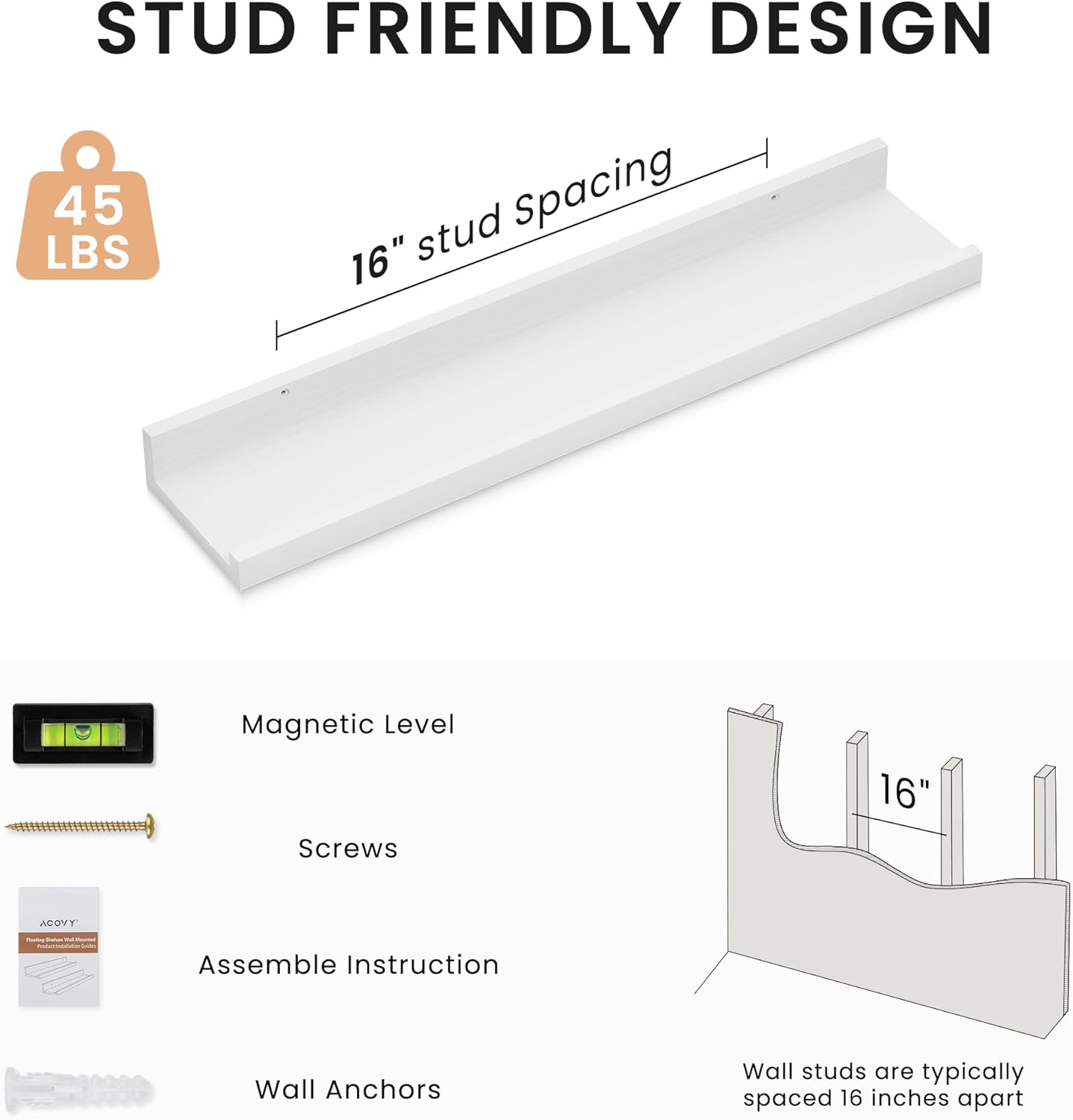 Acovy Floating Shelves Set of 2 White Solid Wood
