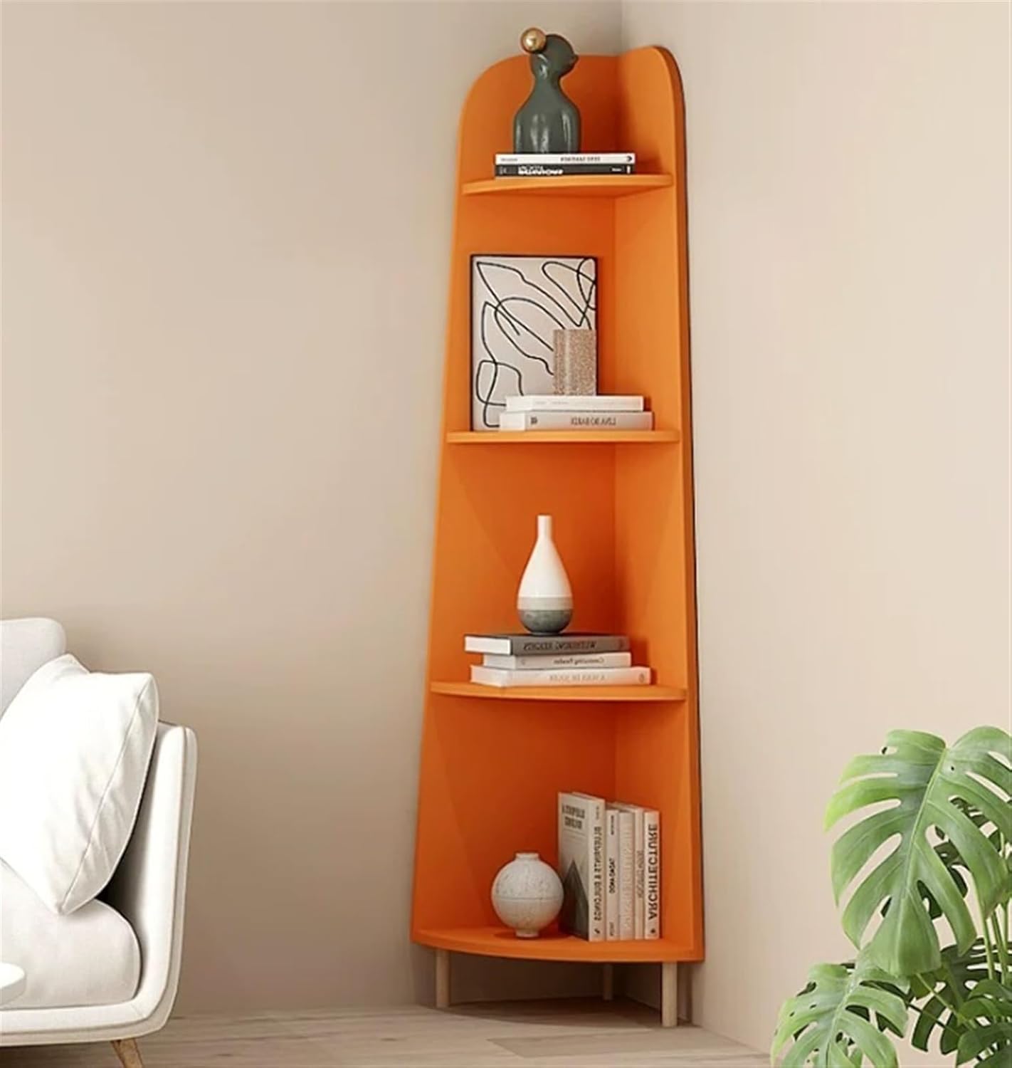 Modern Corner Shelf 4 Tier Wood Bookshelf Plant Stand Orange