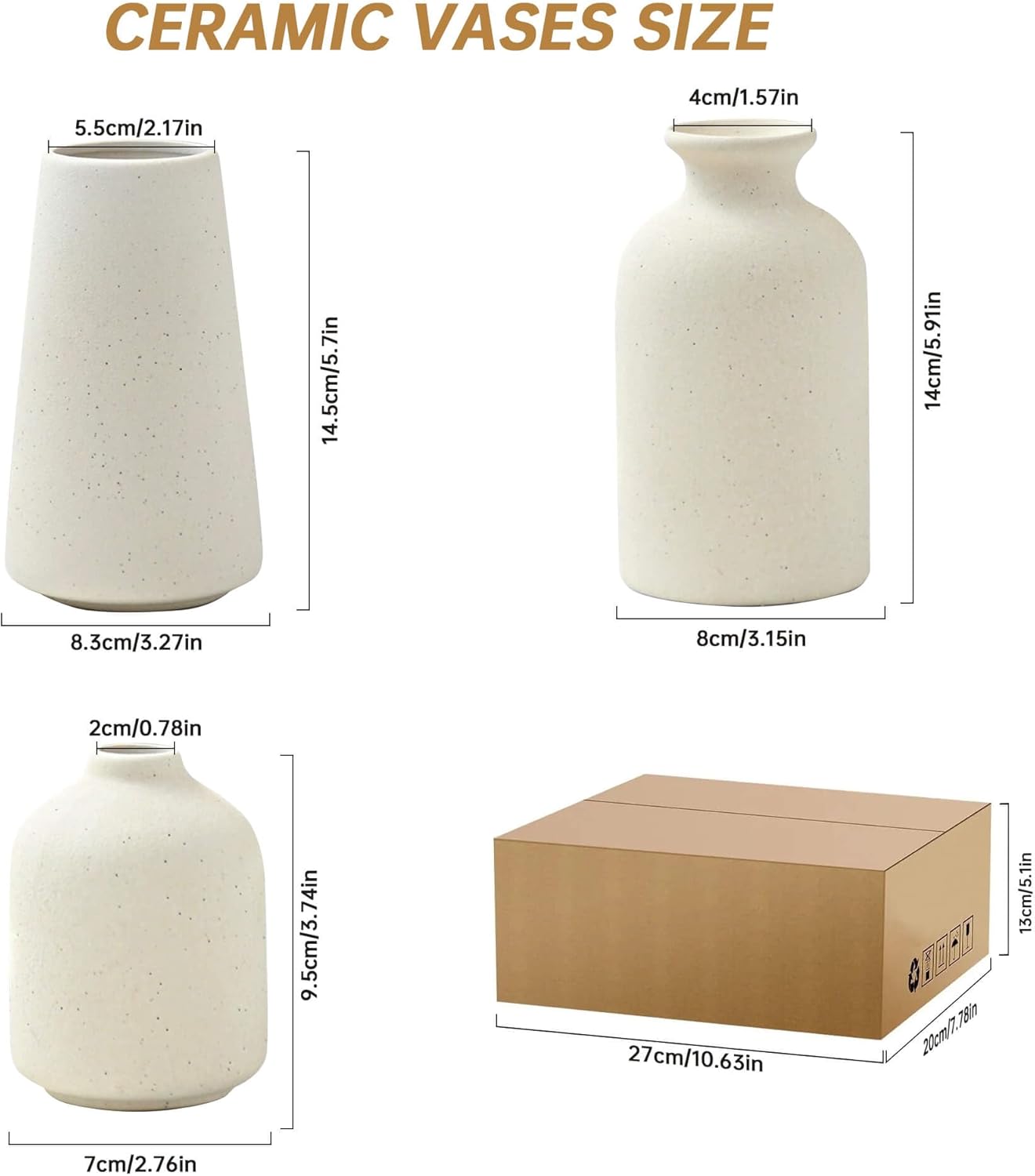 Set of 3 Beige Ceramic Vases for Pampas Grass and Dried Flowers