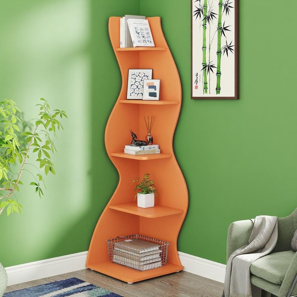 5-Tier Corner Bookshelf Modern Wave Shape Display Unit Orange