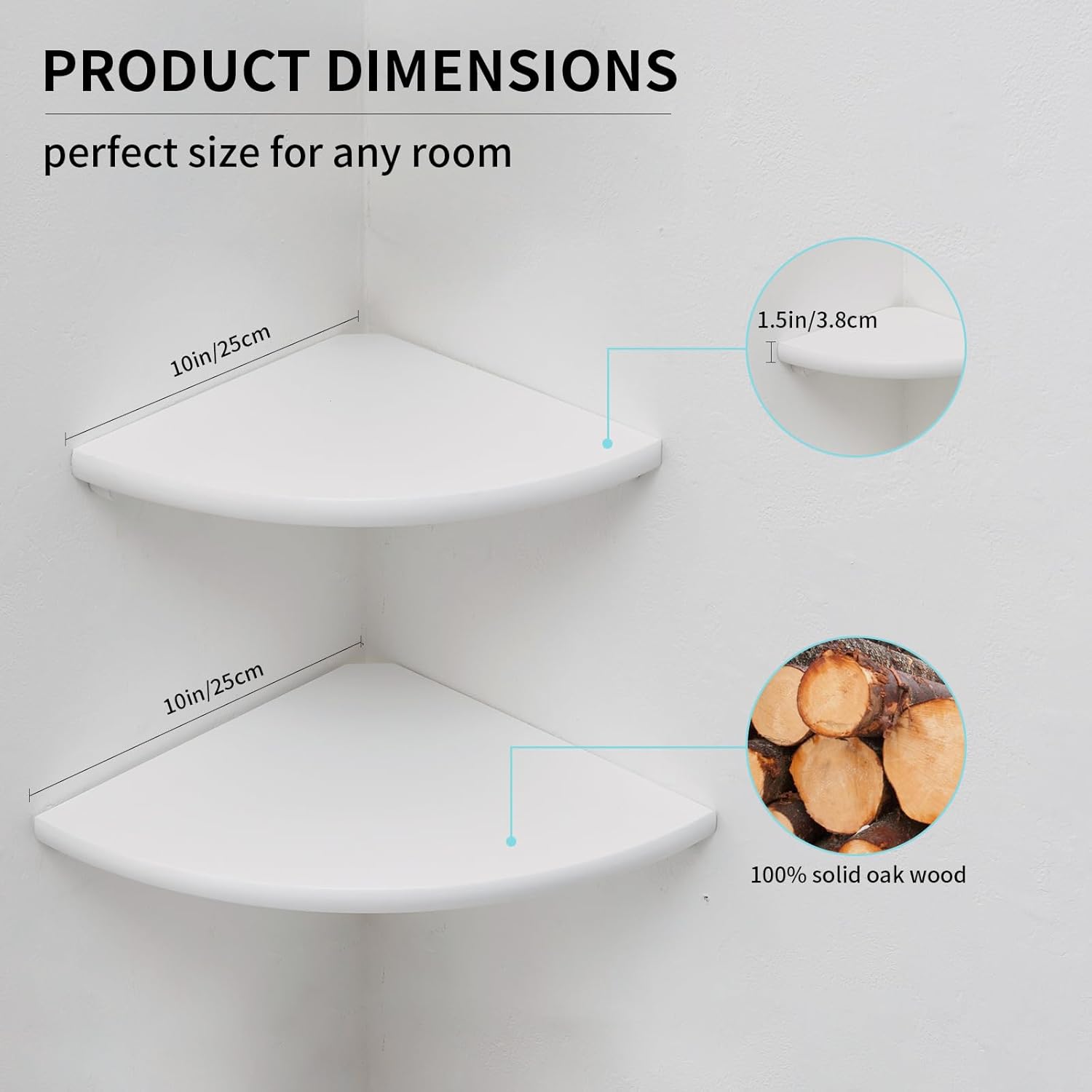 White Corner Shelf Wall Mount Set of 2 Natural Oak Wood Floating Nightstand Plant Shelf for Bedroom Kitchen Living Room