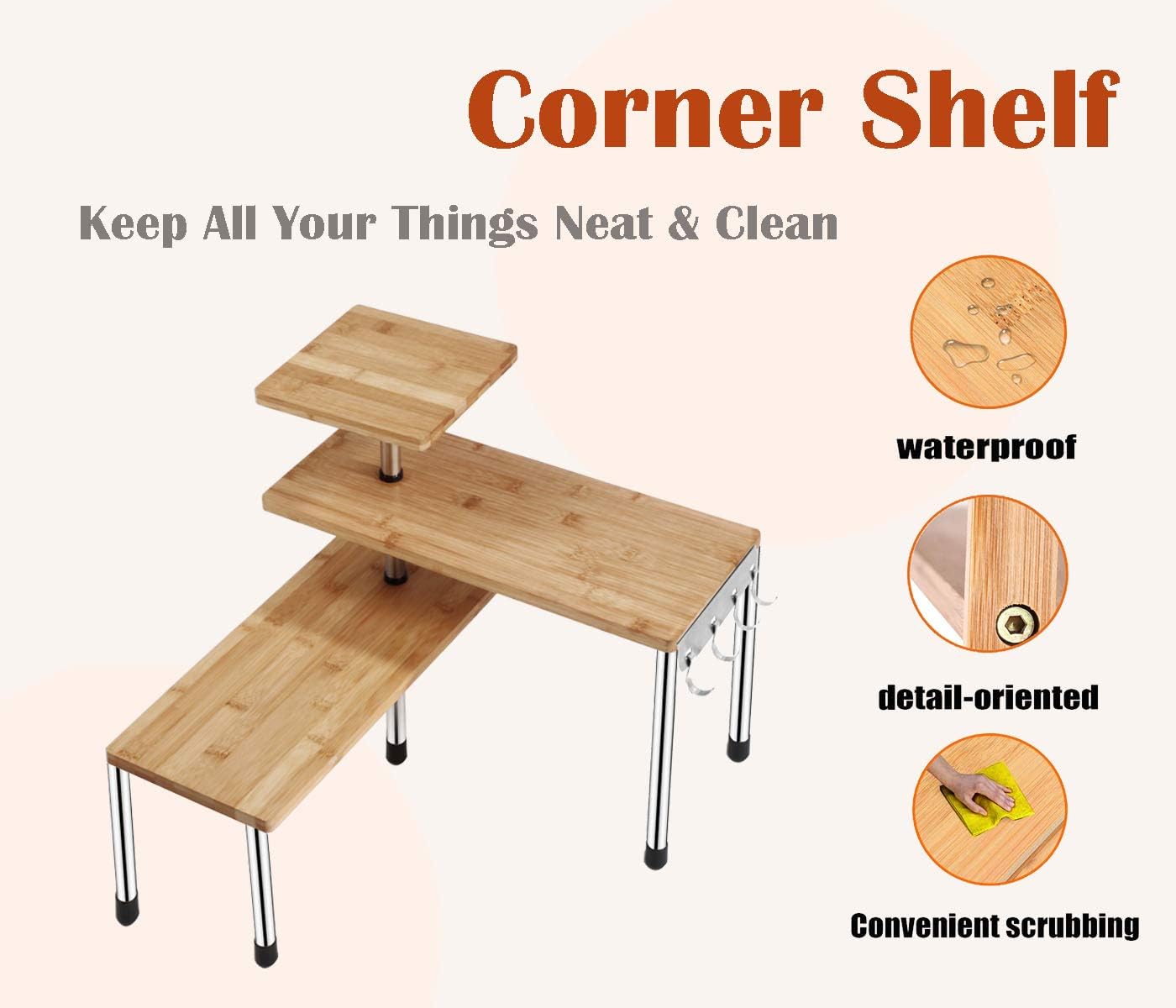 HYNAWIN 3 Tier Corner Shelf Bamboo Metal Organizer