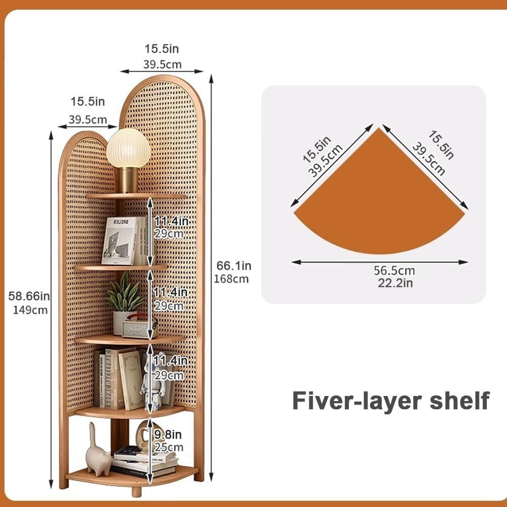 Rattan Corner Bookshelf with 5 Tiers Storage