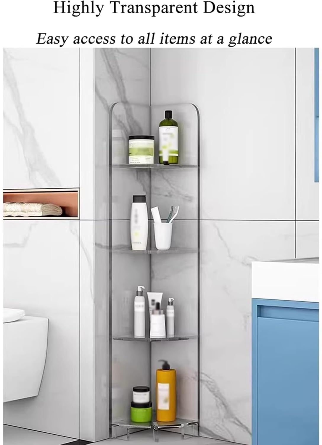 3-Tier Acrylic Corner Storage Shelf Organizer Orange Freestanding Sturdy Clear Display