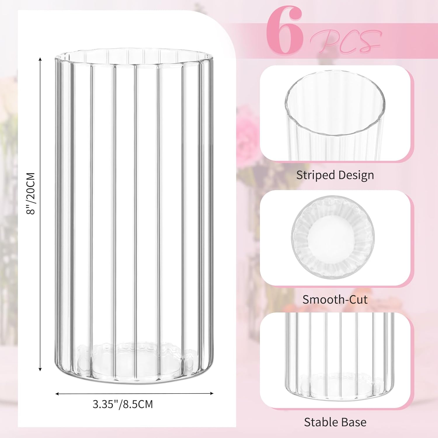 6 Pcs Clear Glass Cylinder Vases Set 8 Inch Tall for Centerpieces and Decorations