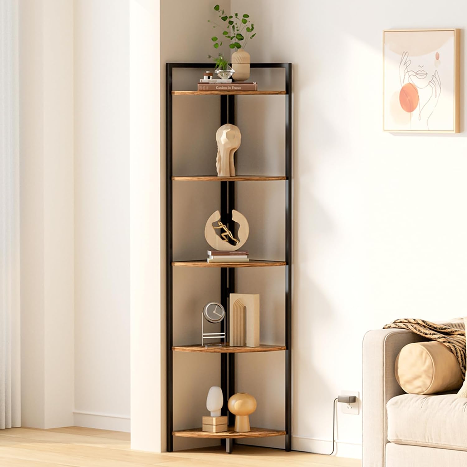 Rustic Brown Corner Shelf with LED Lighting