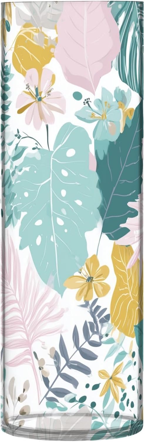 Tropical Leaves and Flowers Plastic Cylinder Vase 118 Inch Tall Clear Vase for Home Office Fireplace Decor