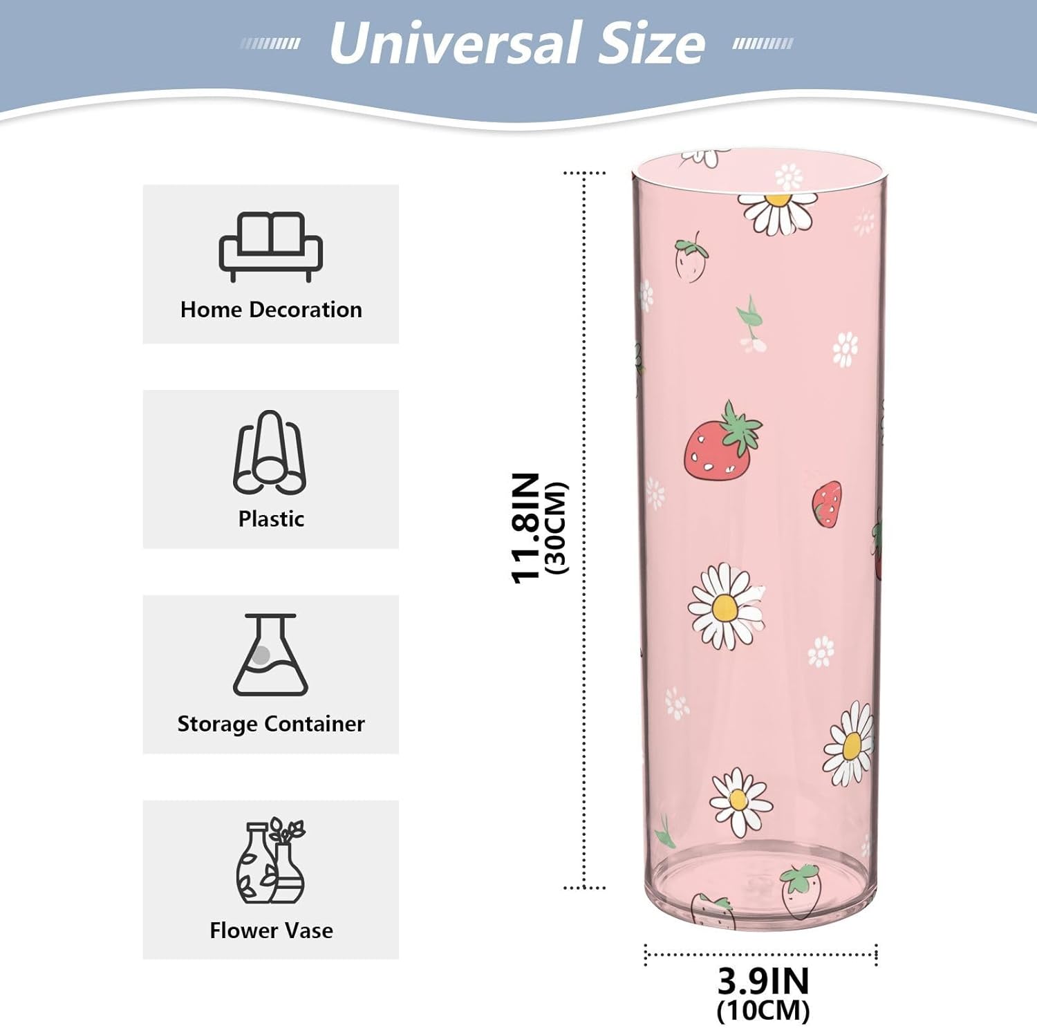 White Daisies and Strawberry Pattern Cylinder Vase 118 Inch Tall