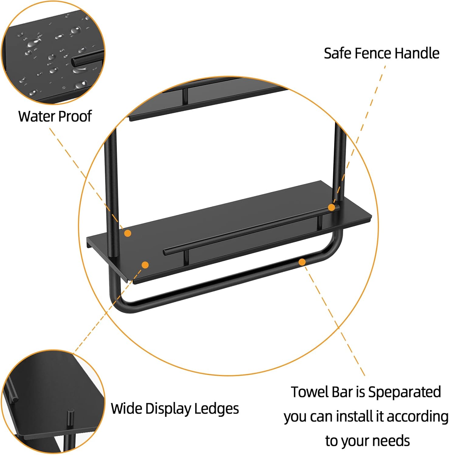 3 Tier Floating Shelves Black with Frame and Towel Rack
