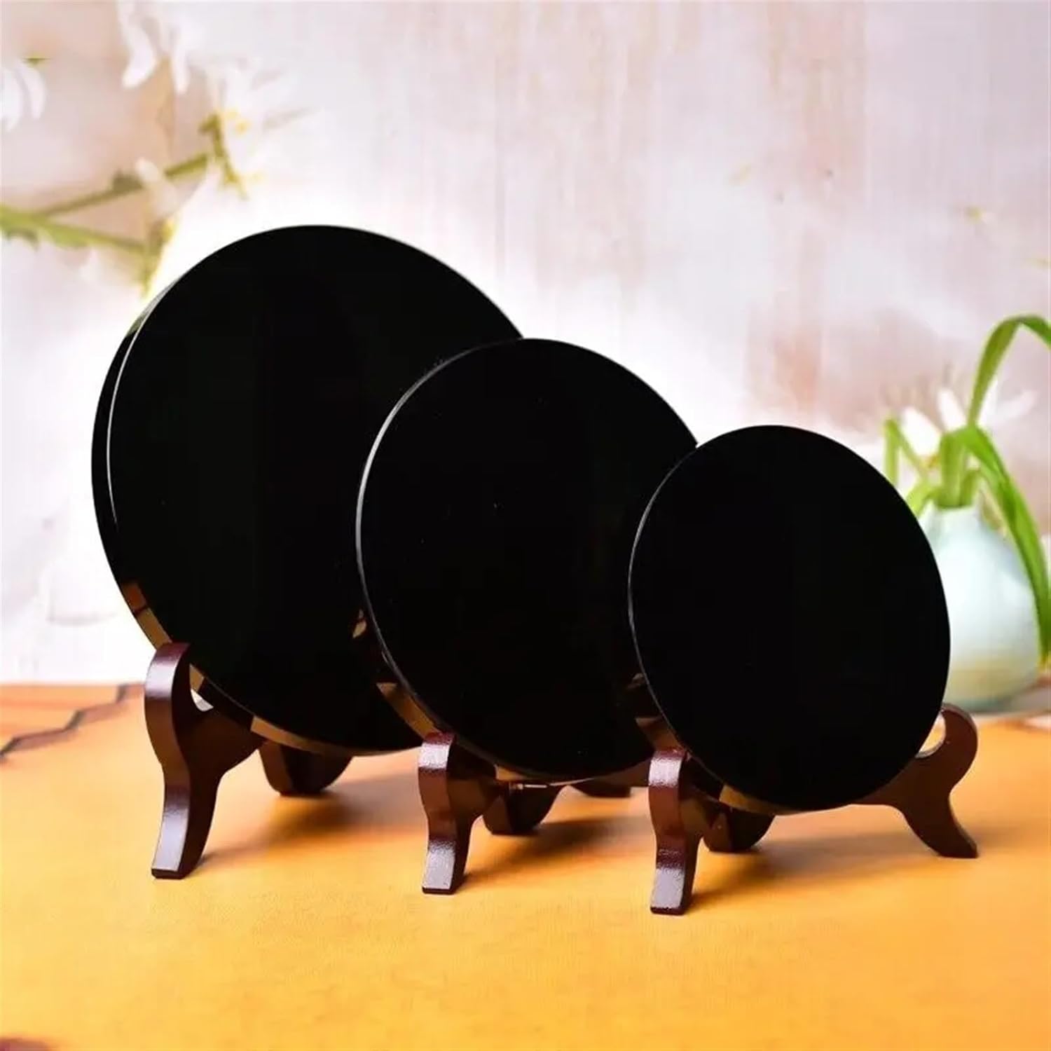 AtkitS Natural Black Obsidian Scouring Mirror Round Plate Decor