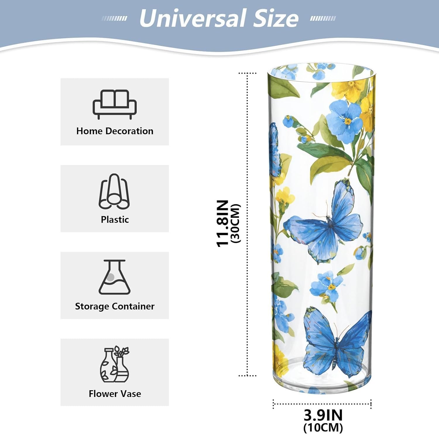 Yellow Blue Flower Pattern Clear Cylinder Vase 118 Inch Tall
