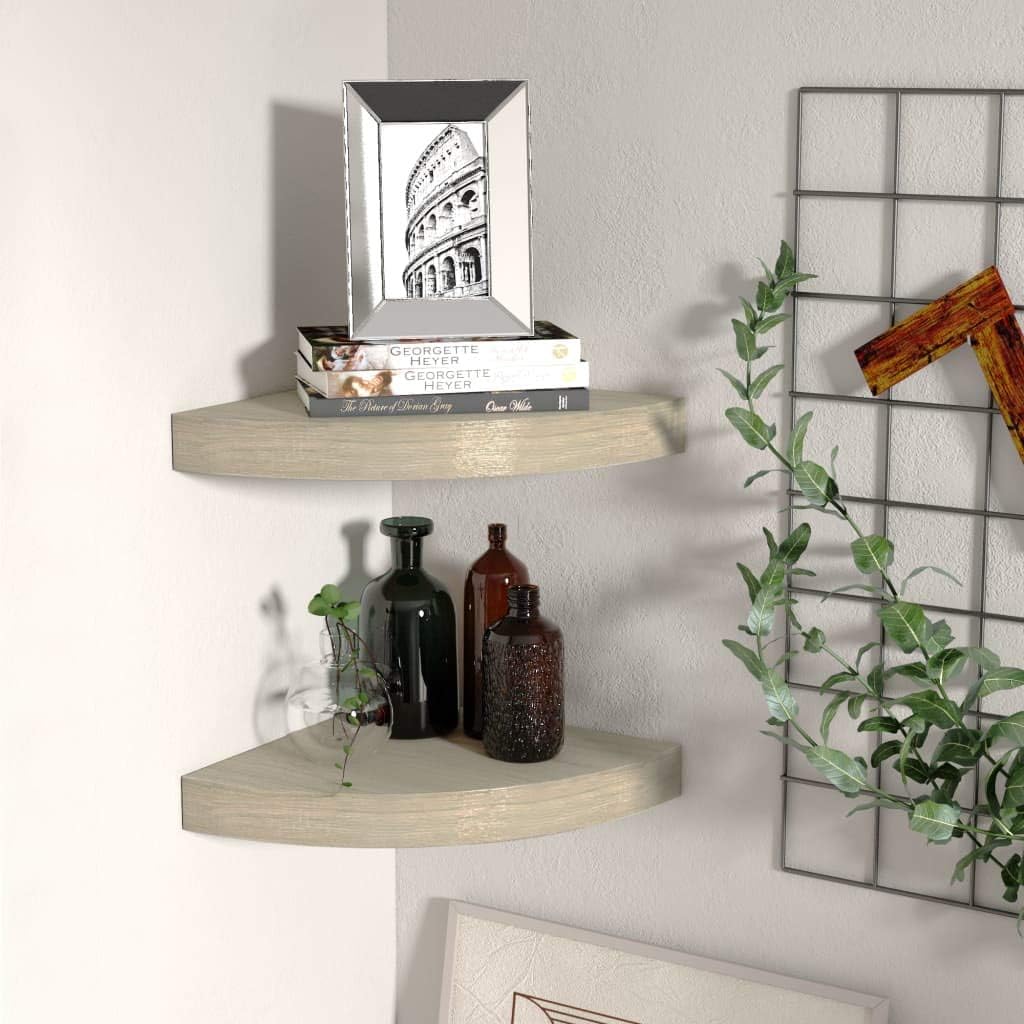 2 Piece Floating Corner Shelves Oak MDF 98x98x15 for Bathroom Bedroom Living Room Kitchen Decoration