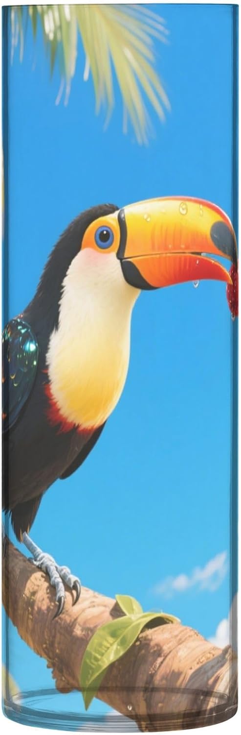 Toucan Bird Pattern Clear Cylinder Vase 118 Inch Tall