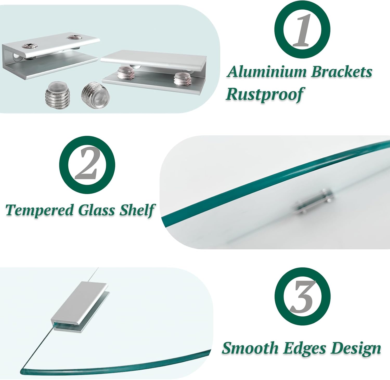 2-Pack Tempered Glass Corner Shower Shelves with Aluminum Brackets