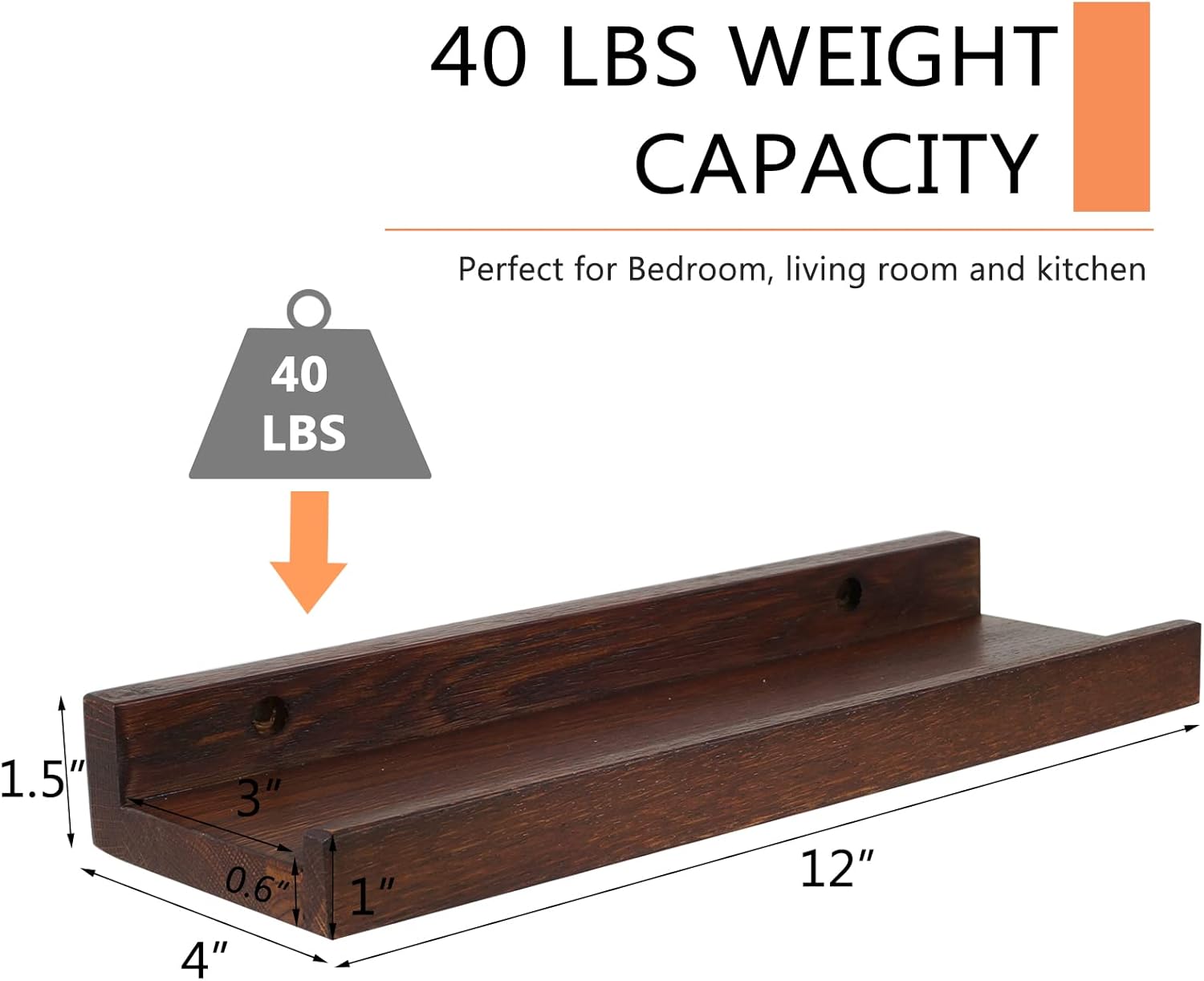 12 Inch Floating Shelves Set of 2 Rustic Walnut Wood Wall Shelves for Bedroom Living Room Kitchen