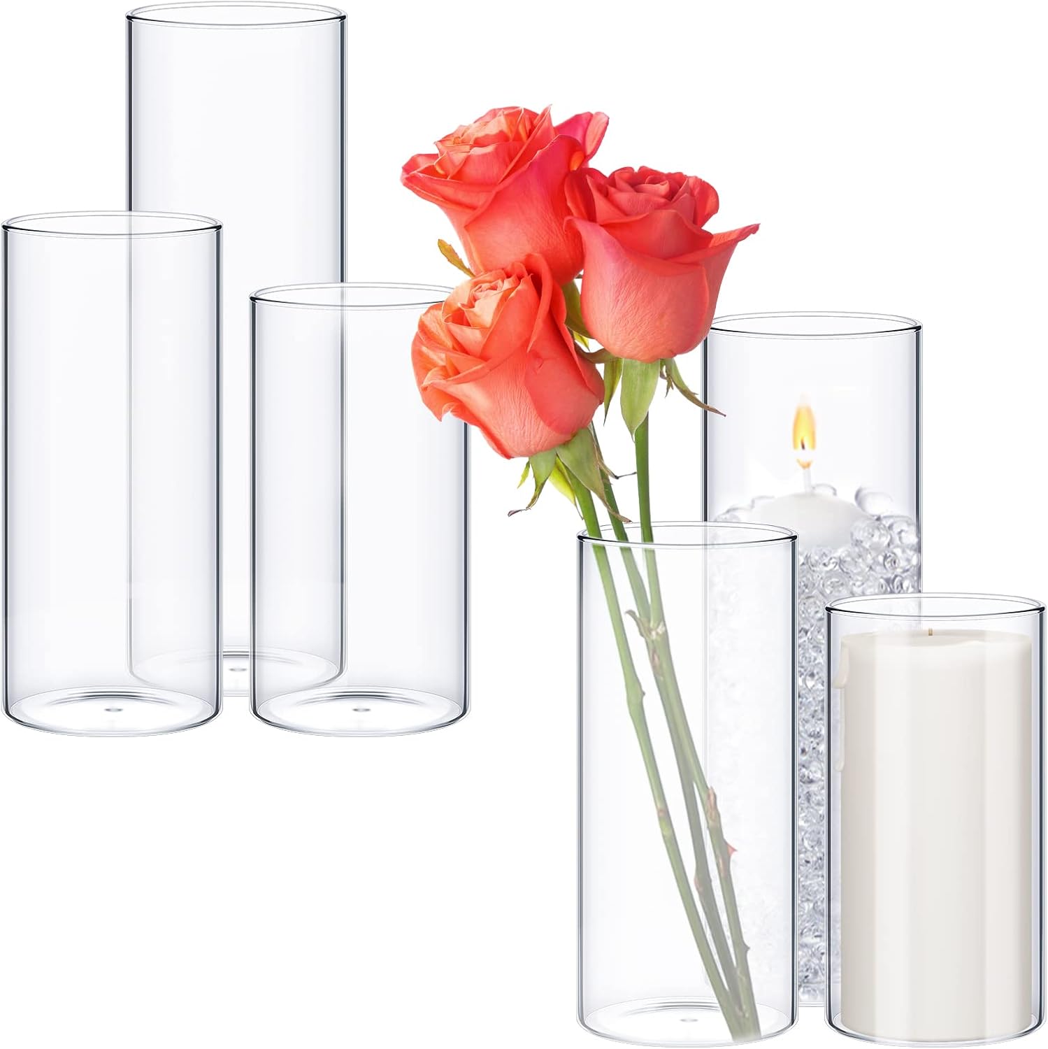 6 Pcs Glass Cylinder Vases for Centerpieces 5 6 8 Inch Tall Clear Decor Vases