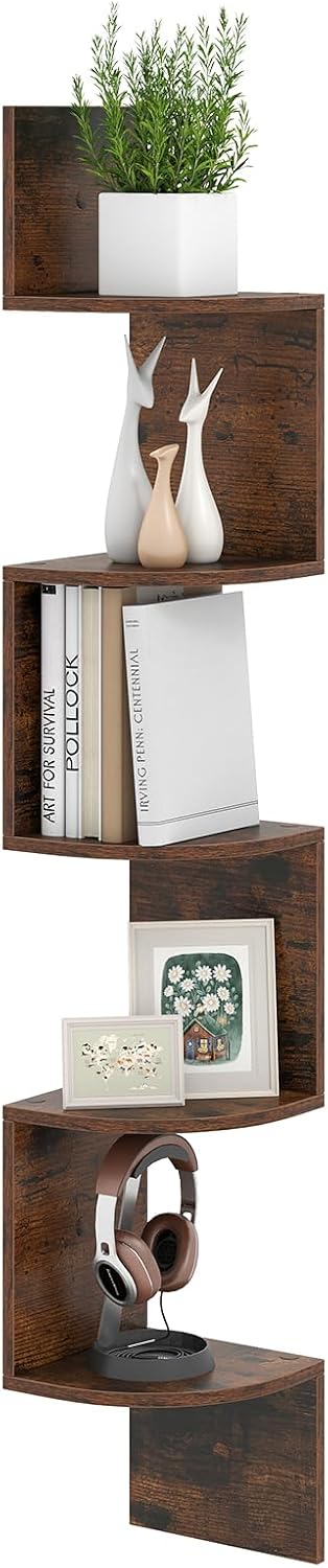 Giantex 5-Tier Floating Corner Bookshelf Wall Mounted Storage Organizer Rustic Brown
