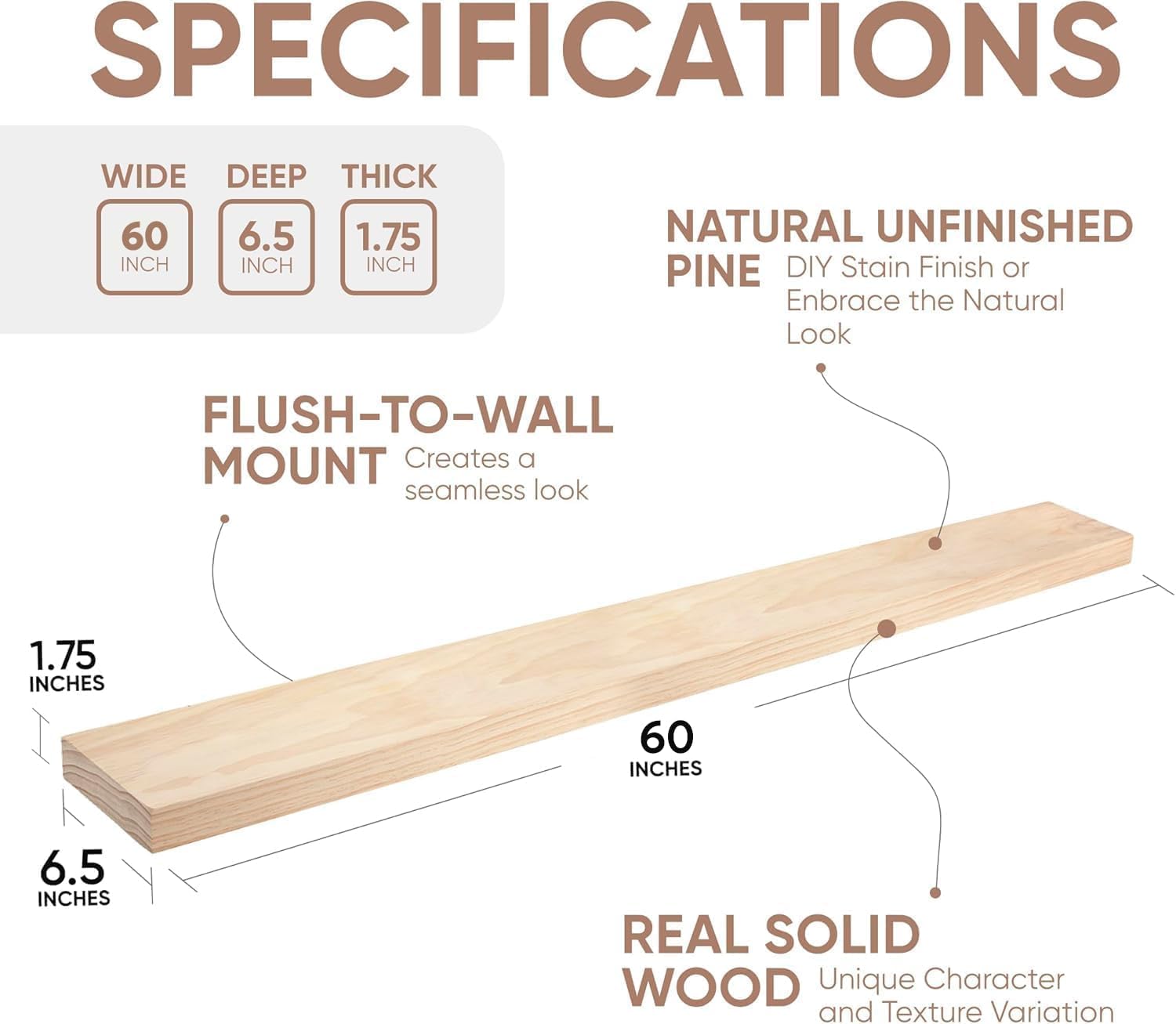 Homeforia 60 Inch Solid Wood Floating Shelf Set of 2