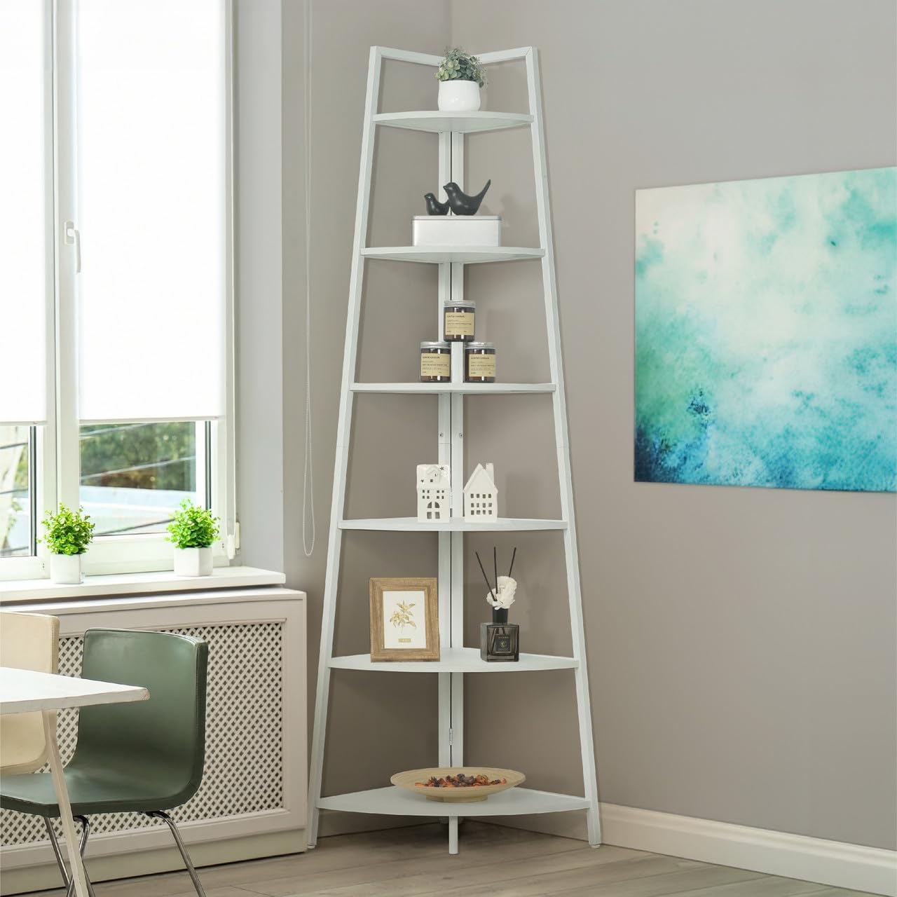 CAPHAUS 6-Tier Corner Shelf Stand Tall White Bookcase with Metal Frame