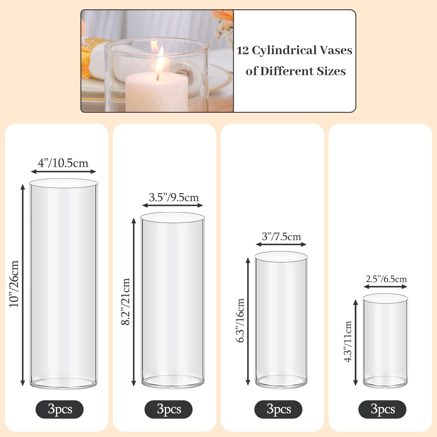 12PCS Clear Cylinder Vases for Centerpieces Wedding Decor