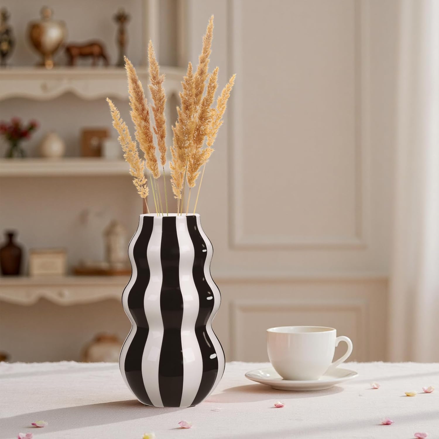 Black and White Ceramic Vase 866 in Tall Modern Striped Centerpiece