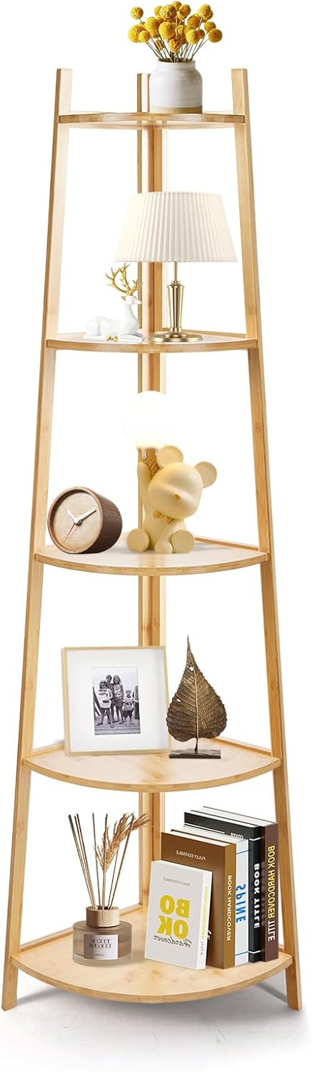 OUTREE Bamboo Corner Shelf 5 Tier Bookshelf Stand for Living Room Bedroom Office Bathroom