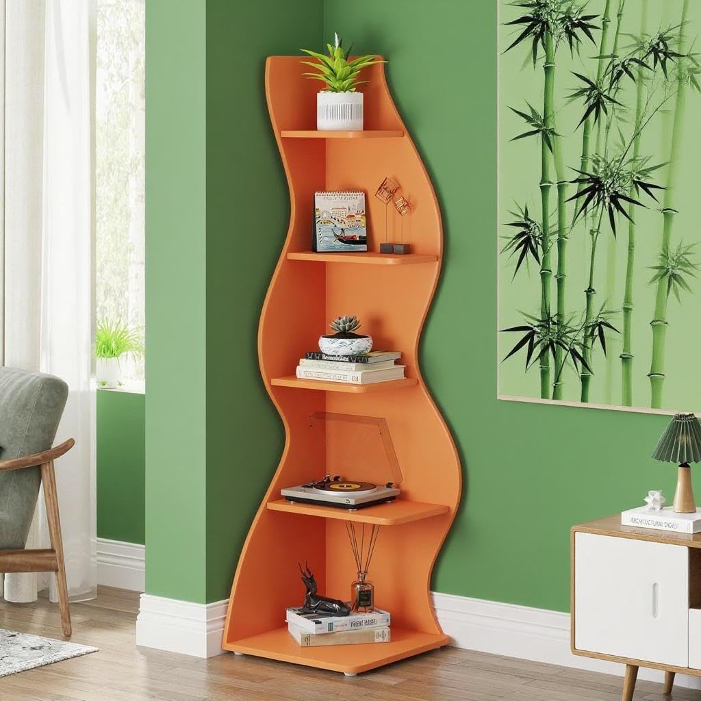 5-Tier Corner Bookshelf Modern Wave Shape Display Unit Orange