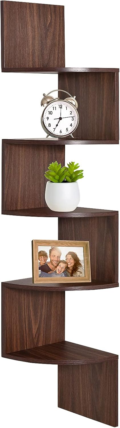 Greenco 5 Tier Corner Shelf with Rustic Walnut Finish