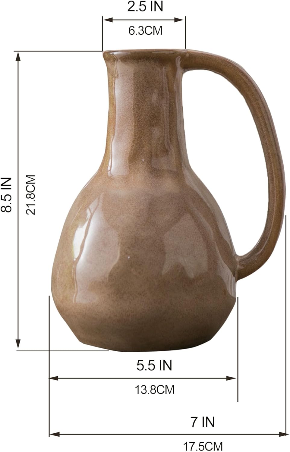 Brown Ceramic Vase with Big Handle Rustic Farmhouse Decor