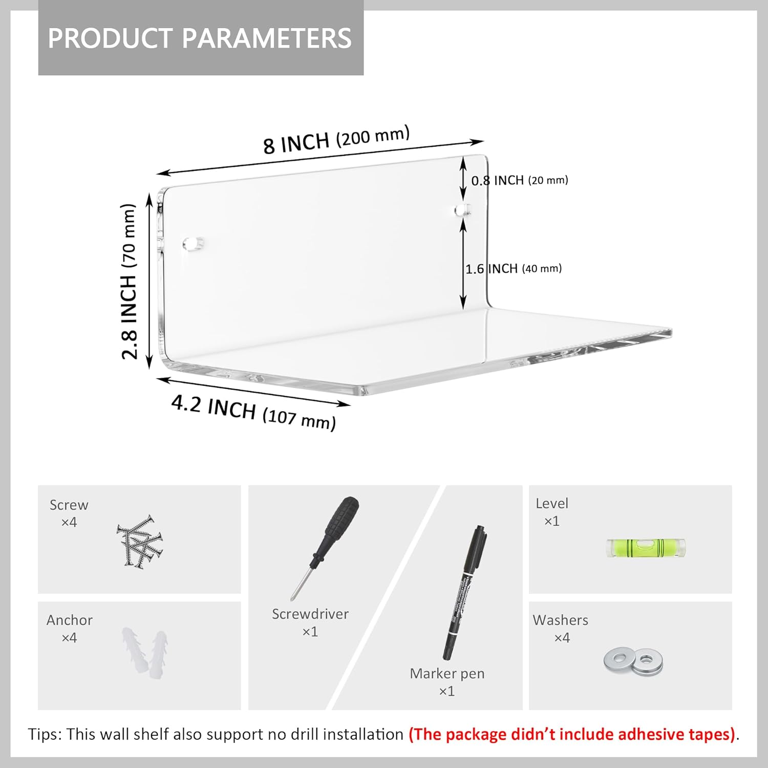 8 Inch Clear Floating Shelf for Wall 2 Pack 4 Depth Acrylic Space Saving Organizer
