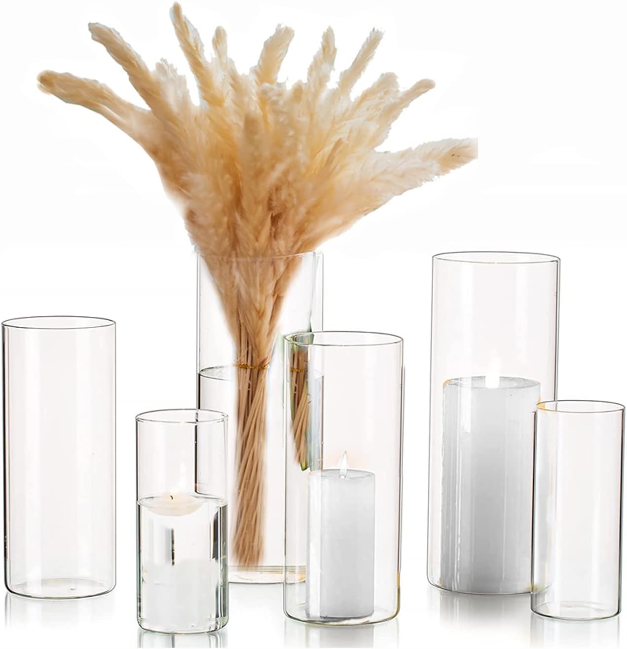 Clear Cylinder Vase Set 6Pcs for Centerpieces and Decorations