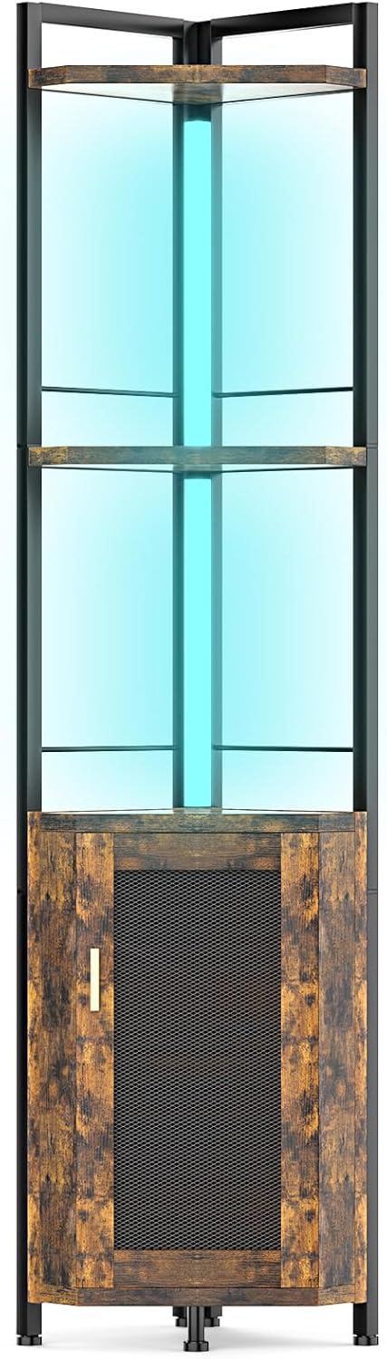 RGB Light Bar Iron Wood Corner Shelf Stand