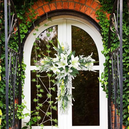 20 Inch Cross Wreath Artificial Lily Purple Easter Decor