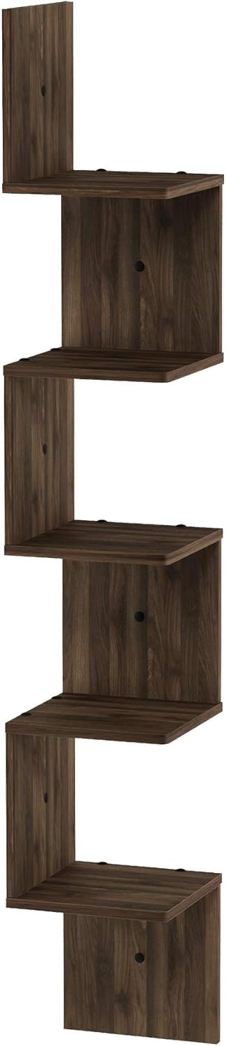 Furinno Rossi 5-Tier Wall Mount Corner Shelf Columbia Walnut