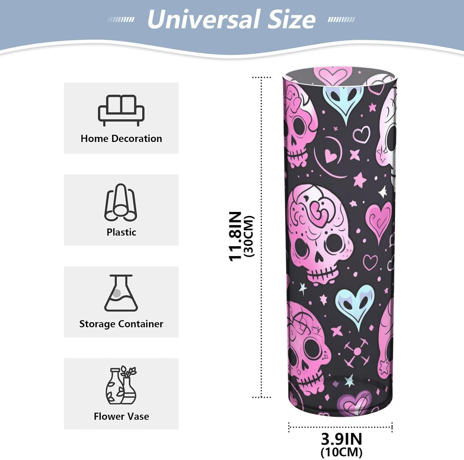 Cute Halloween Floral Skull Heart Pink Plastic Cylinder Vase
