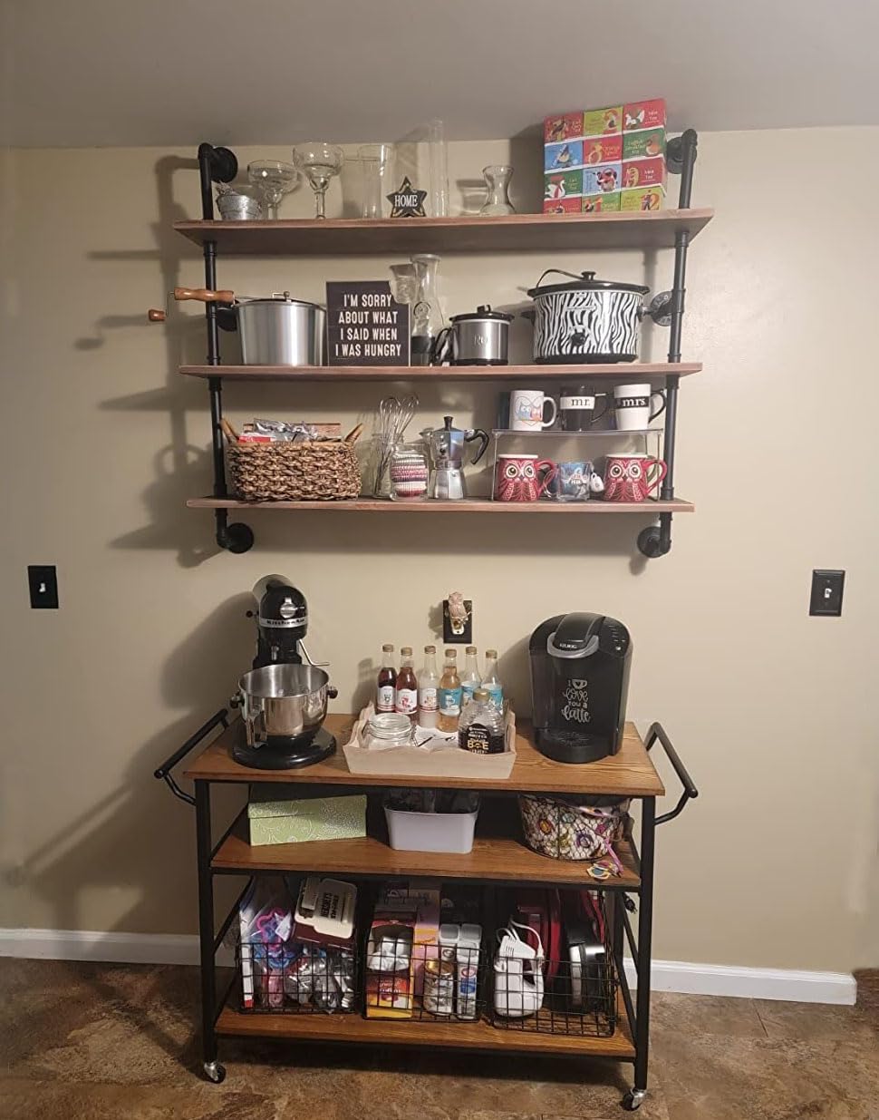 Industrial Pipe Floating Shelf with Solid Wood 48 Inch Wall Mount