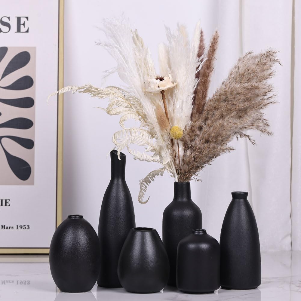 6 Pack Small Black Ceramic Bud Vases for Home Decor