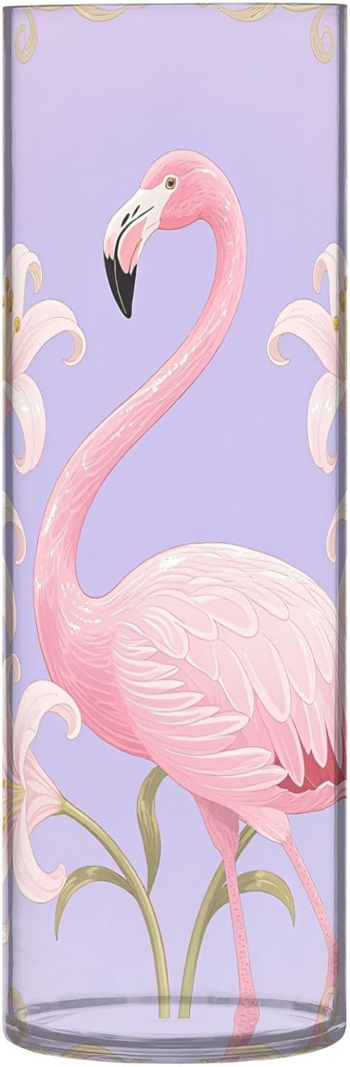 Flamingo and Lily Pattern Clear Plastic Cylinder Vase 118 Inch Tall