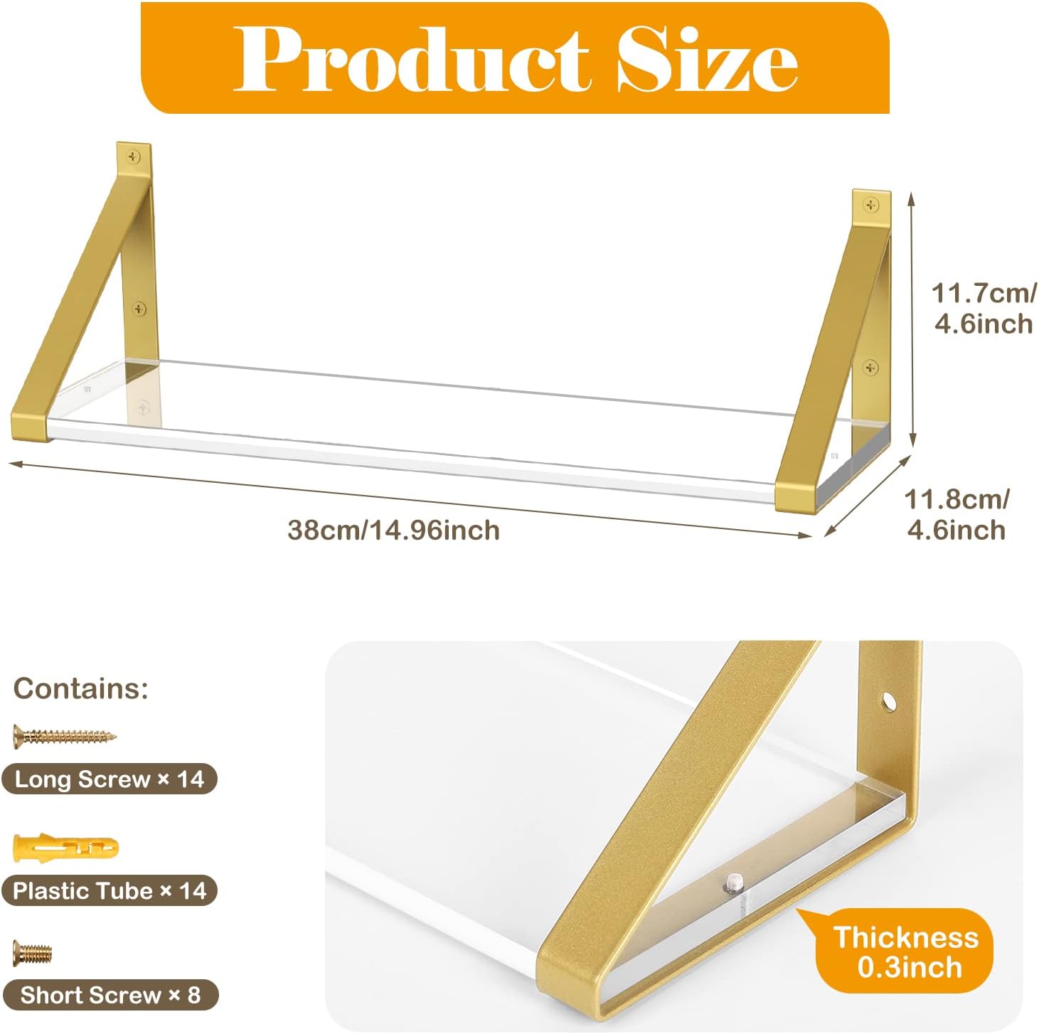 Gold Floating Shelves Set of 3 8mm Clear Acrylic Display