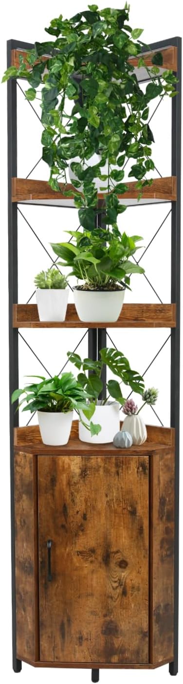 OUTREE Tall Corner Shelf with Doors and Plant Stand