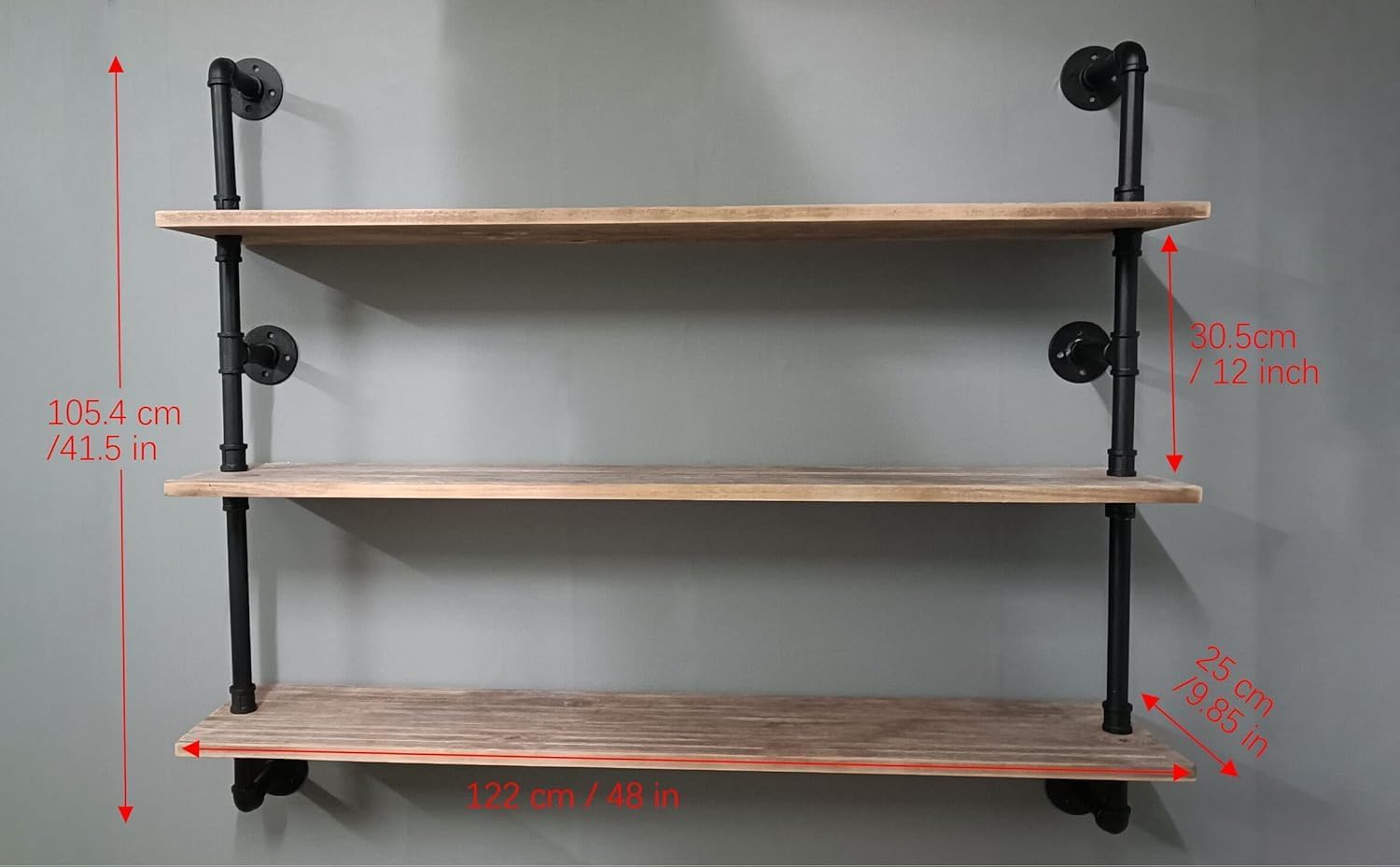 Industrial Pipe Floating Shelf with Solid Wood 48 Inch Wall Mount