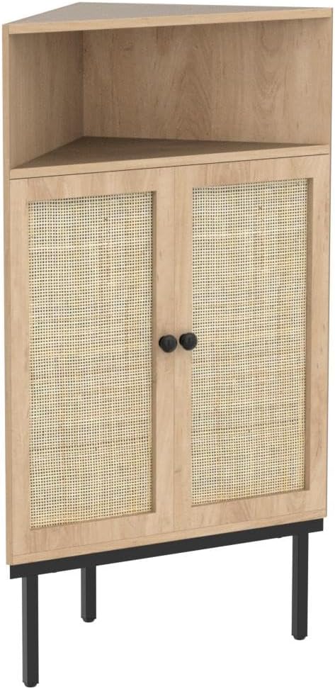 Yechen Corner Storage Cabinet with Adjustable Shelves and Rattan Doors